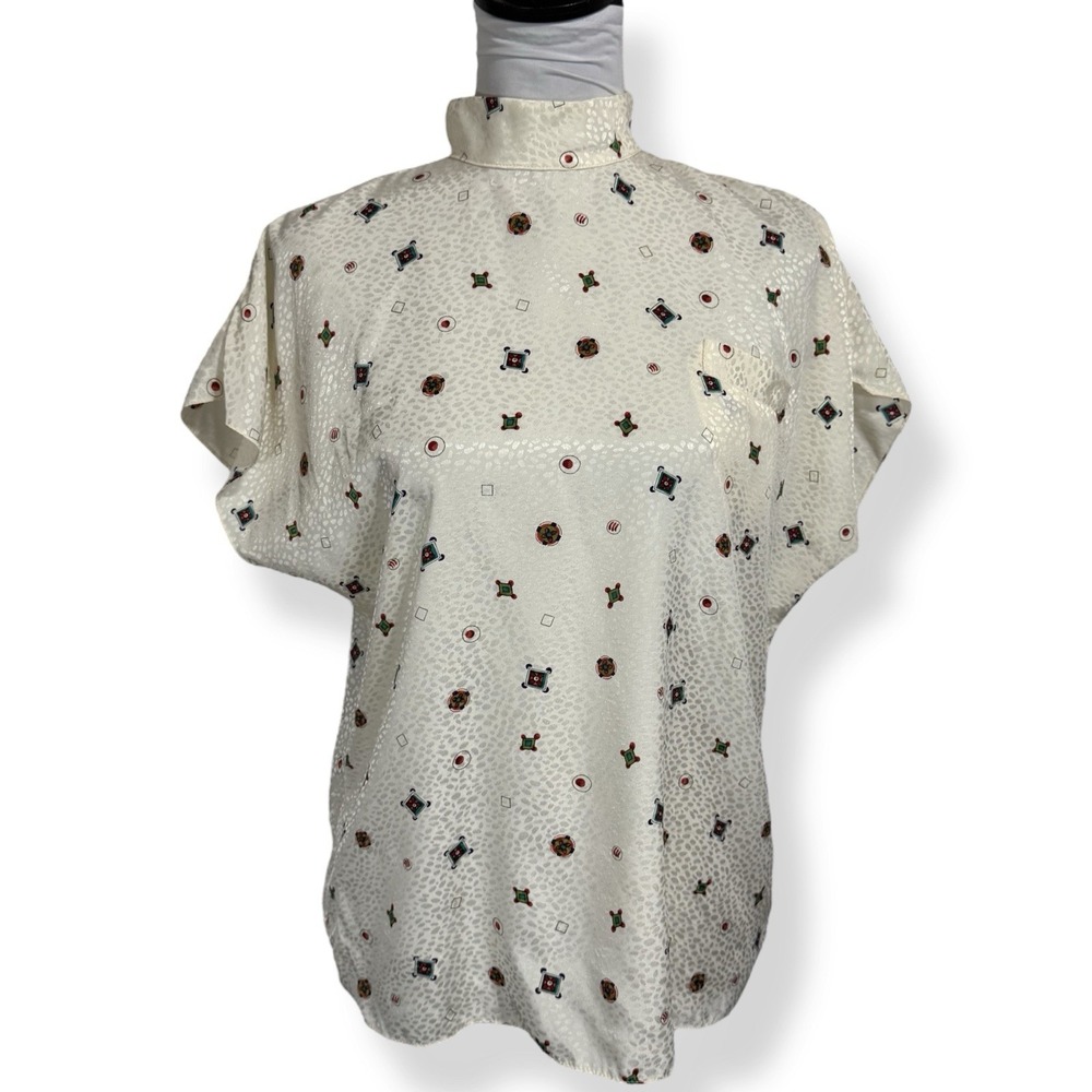 Vintage San Andre Mock Neck Satin Blouse Top Size S Oversized Ivory Flower Retro